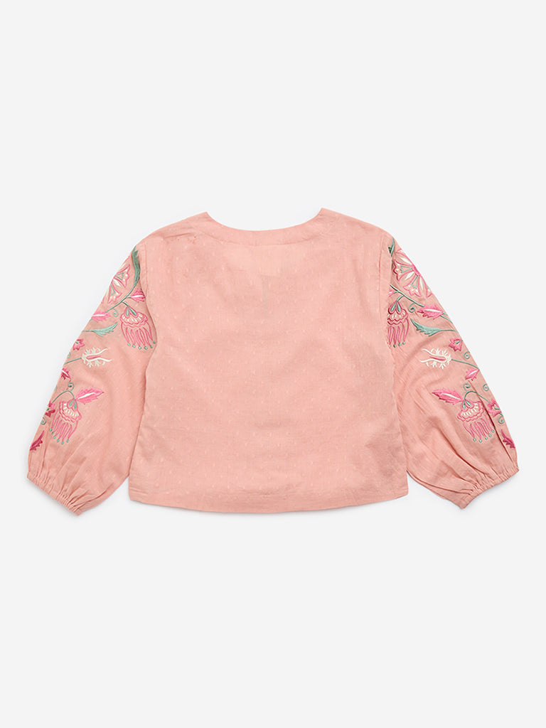 Utsa Kids Peach Floral Embroidered Cotton-Blend Top - (8-14yrs)