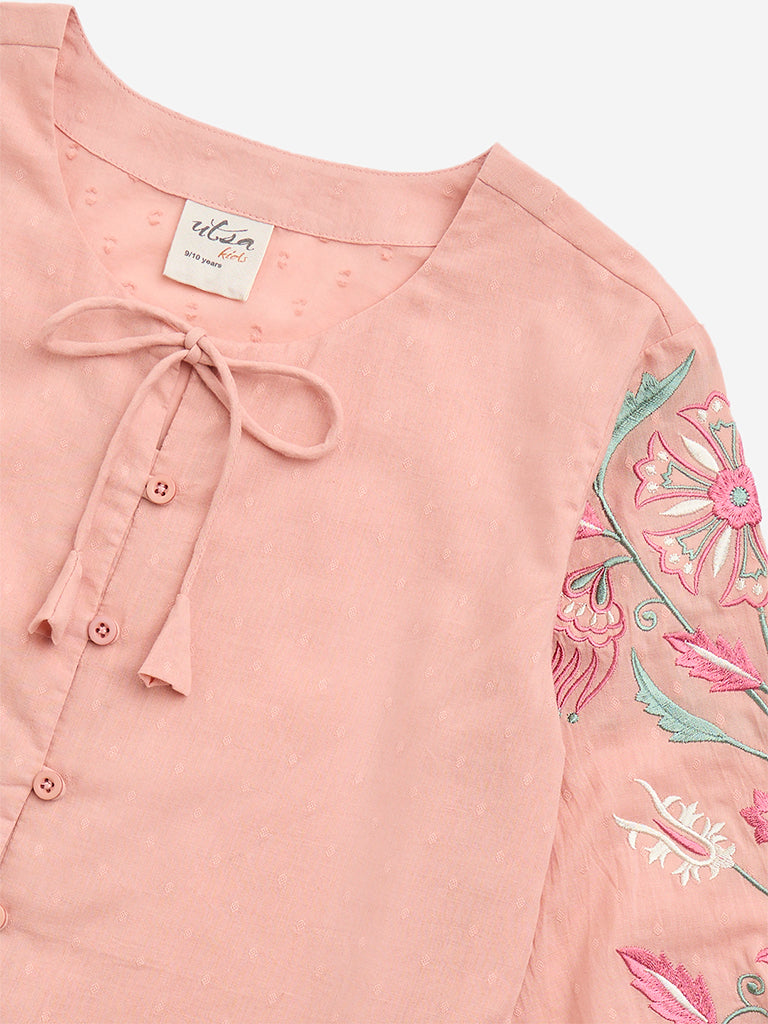 Utsa Kids Peach Floral Embroidered Cotton-Blend Top - (8-14yrs)