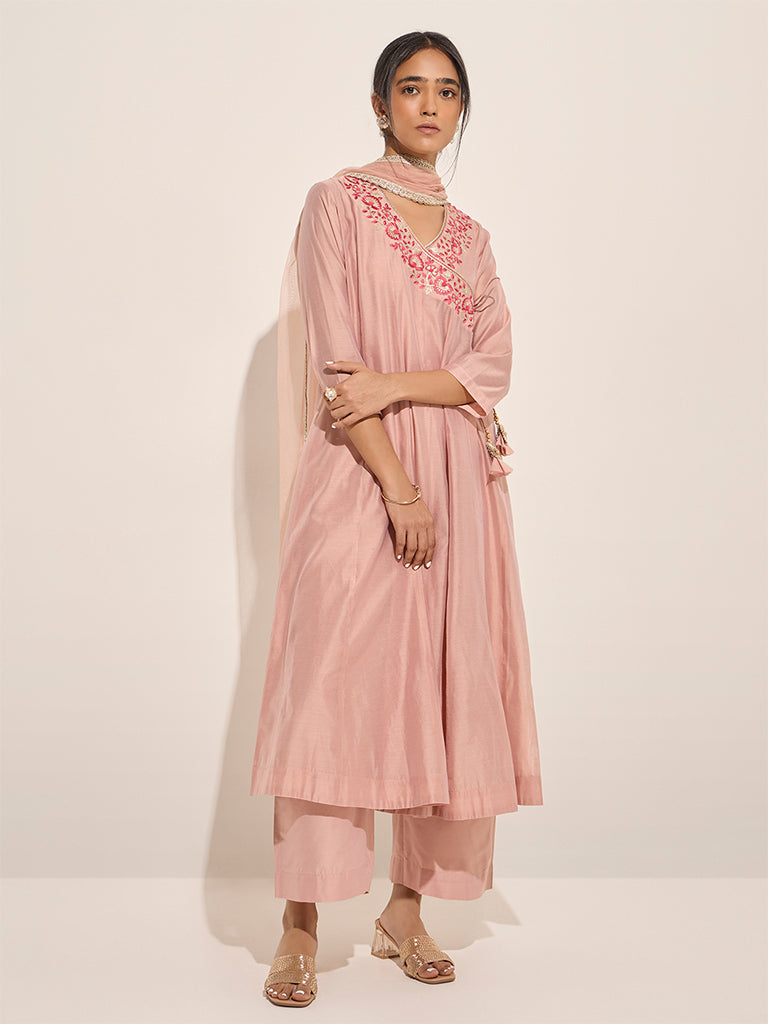 Vark Peach Floral Embroidered Anarkali Kurta, Inner, Palazzos and Dupatta Set