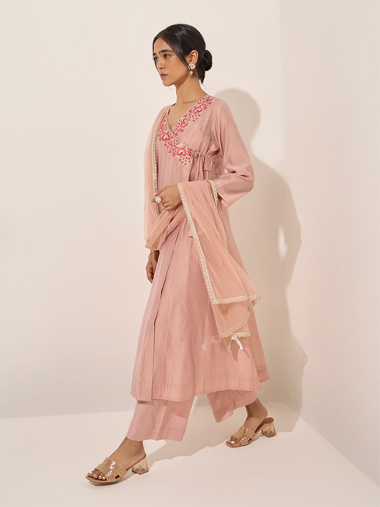 Vark Peach Floral Embroidered Anarkali Kurta, Inner, Palazzos and Dupatta Set