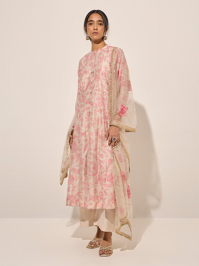 Vark Pink Printed A-Line Kurta, Palazzos and Dupatta Set