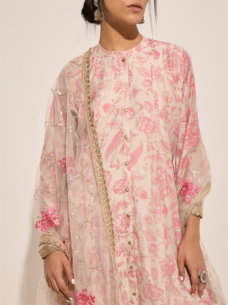 Vark Pink Printed A-Line Kurta, Palazzos and Dupatta Set