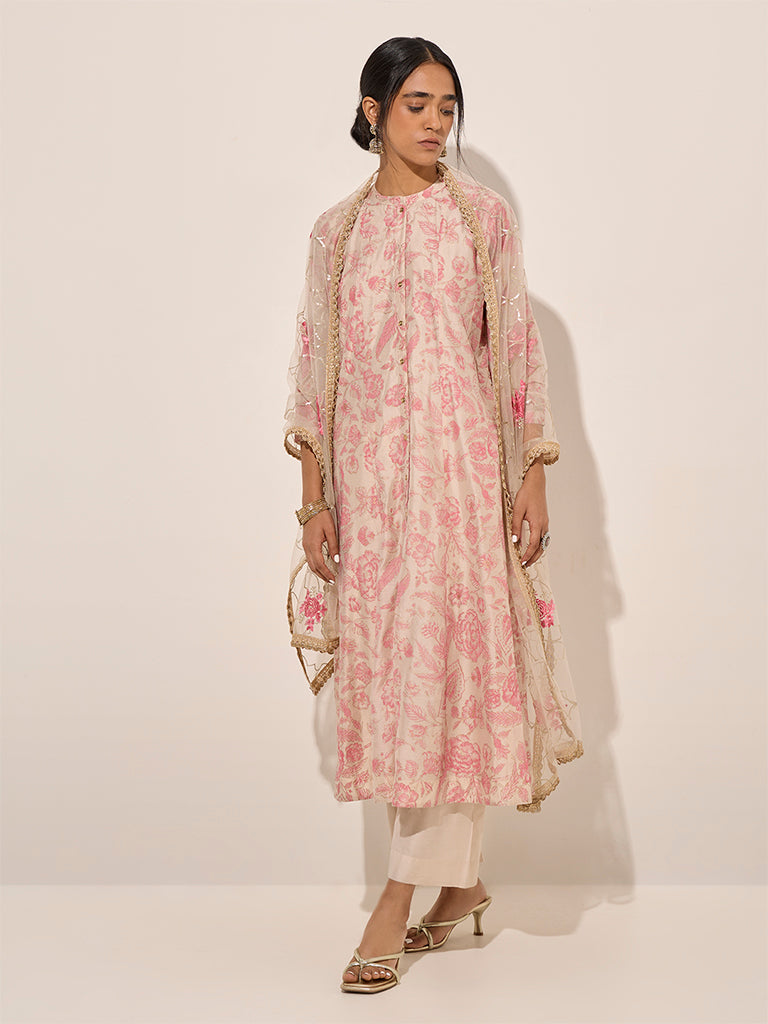 Vark Pink Printed A-Line Kurta, Palazzos and Dupatta Set