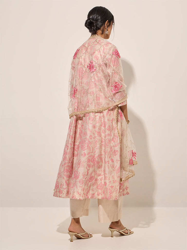 Vark Pink Printed A-Line Kurta, Palazzos and Dupatta Set