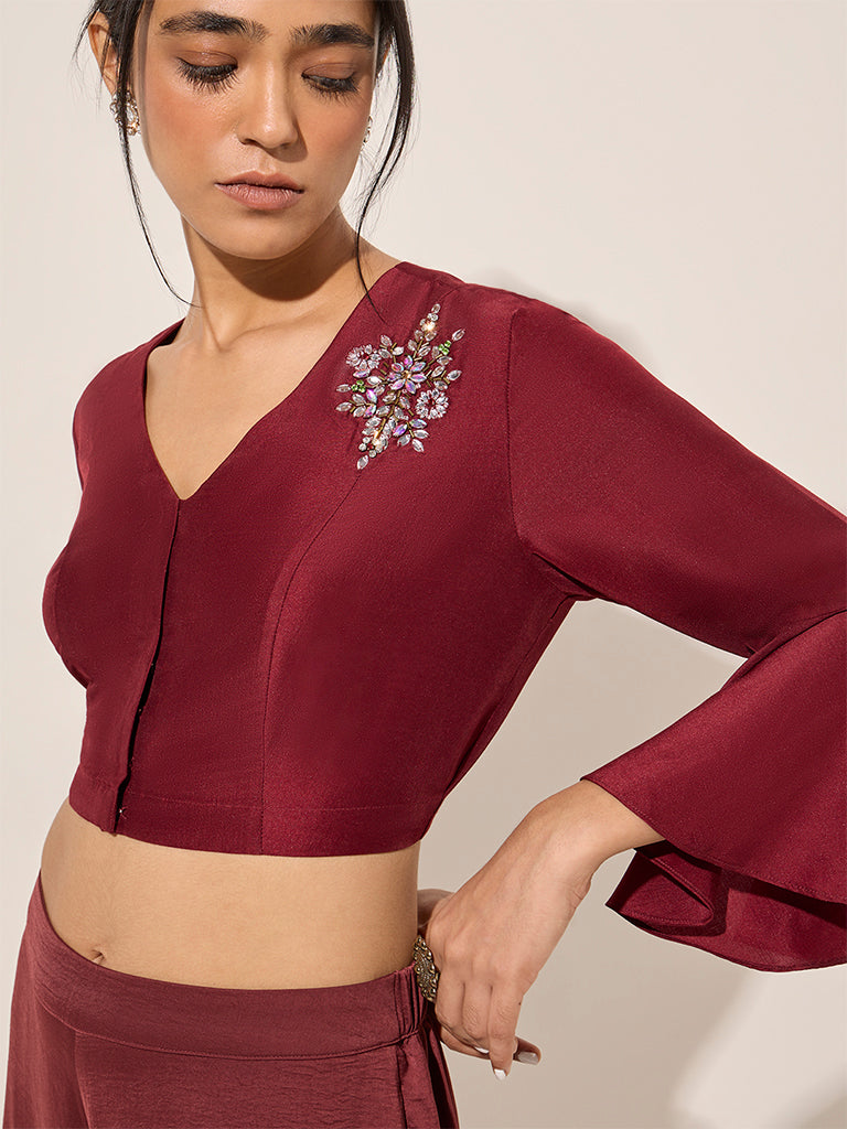 Vark Burgundy Embellished Ethnic Blouse