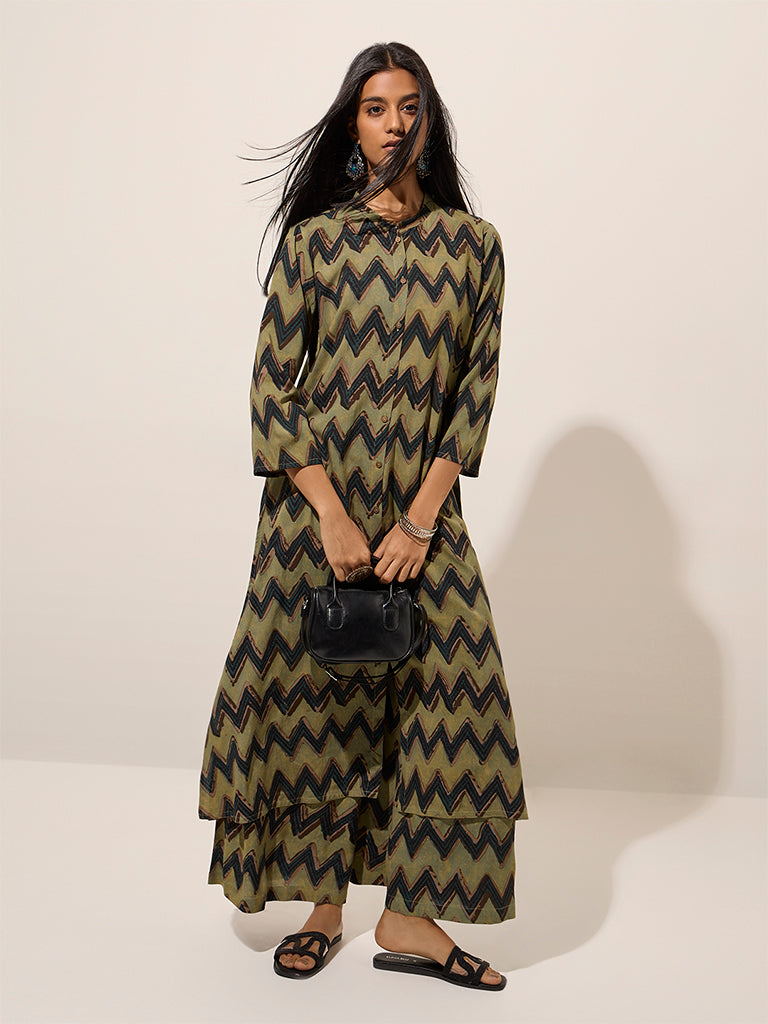 Utsa Green Chevron Printed A-Line Kurta