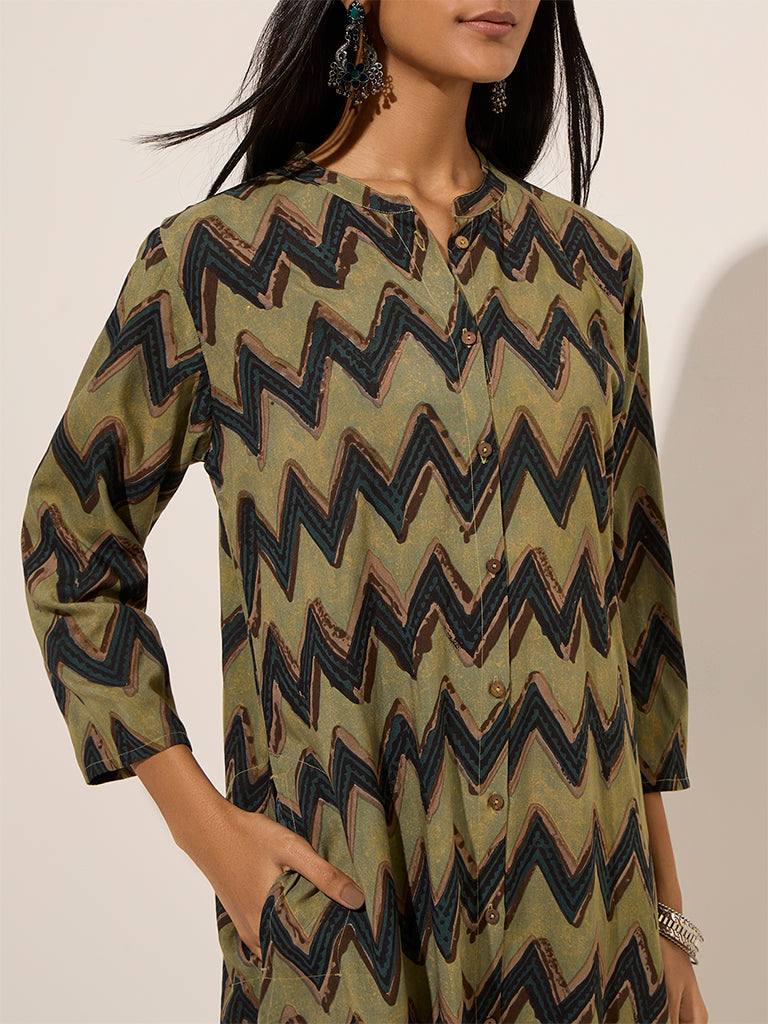 Utsa Green Chevron Printed A-Line Kurta