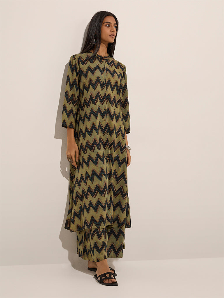 Utsa Green Chevron Printed A-Line Kurta