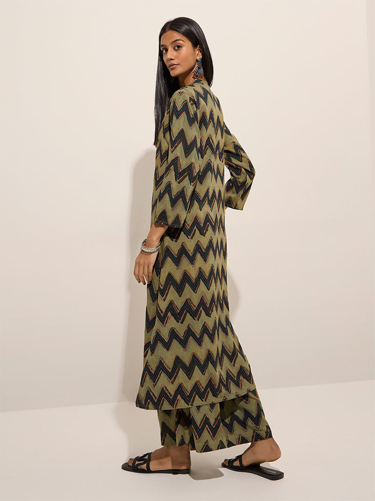 Utsa Green Chevron Printed A-Line Kurta