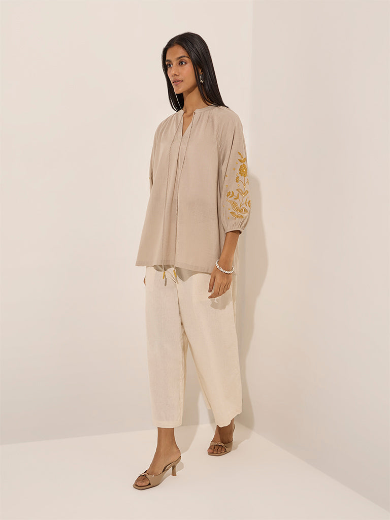 Utsa Beige Floral Embroidered Knot-Detailed Cotton Tunic