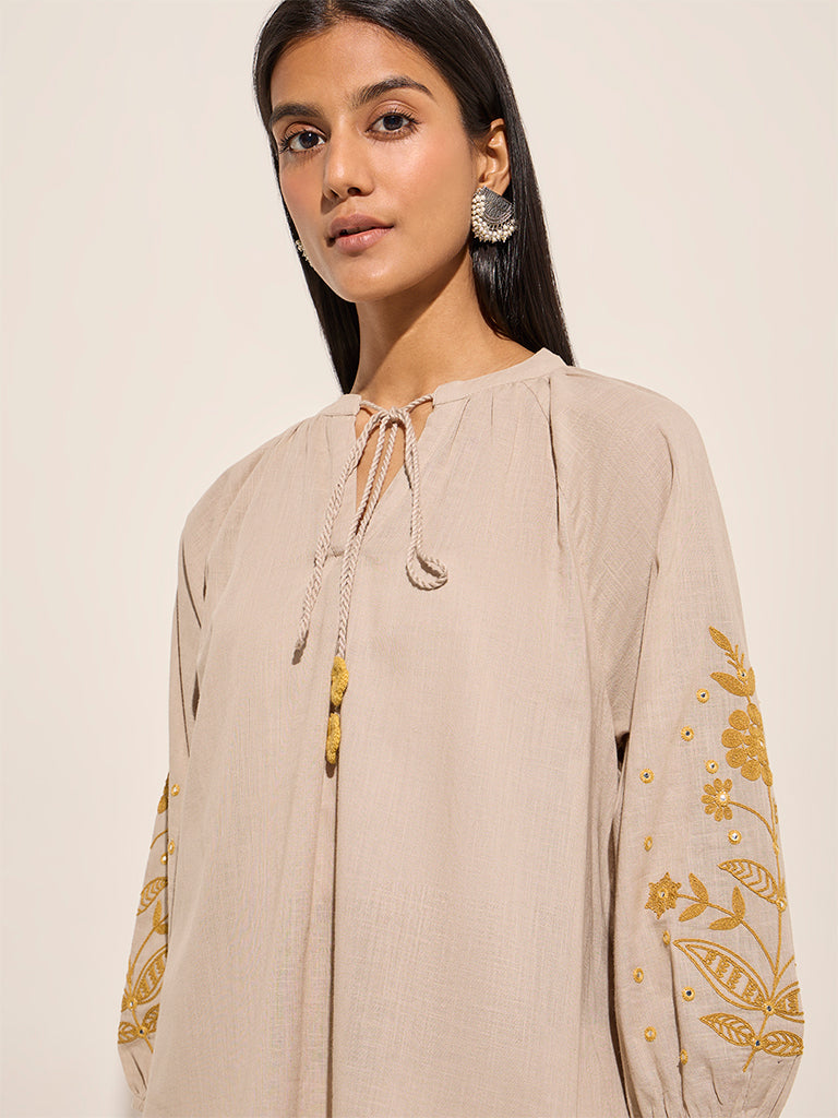 Utsa Beige Floral Embroidered Knot-Detailed Cotton Tunic