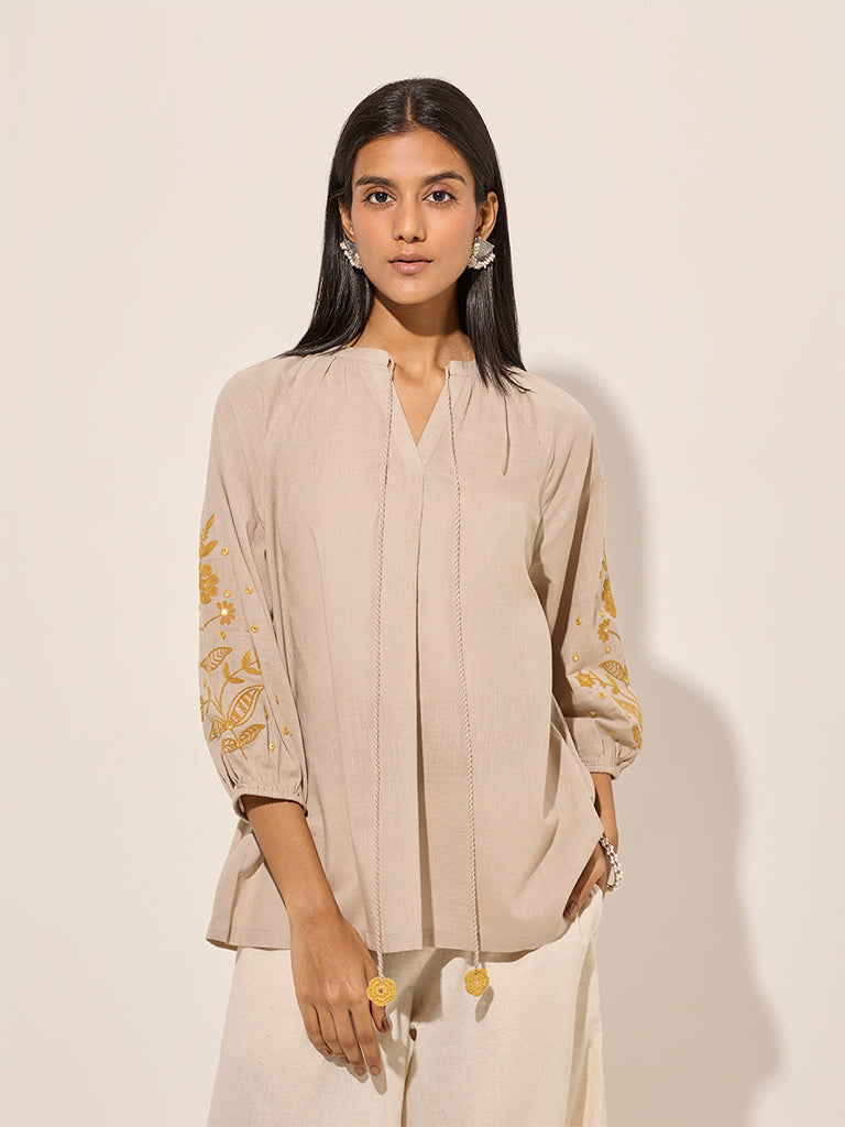 Utsa Beige Floral Embroidered Knot-Detailed Cotton Tunic