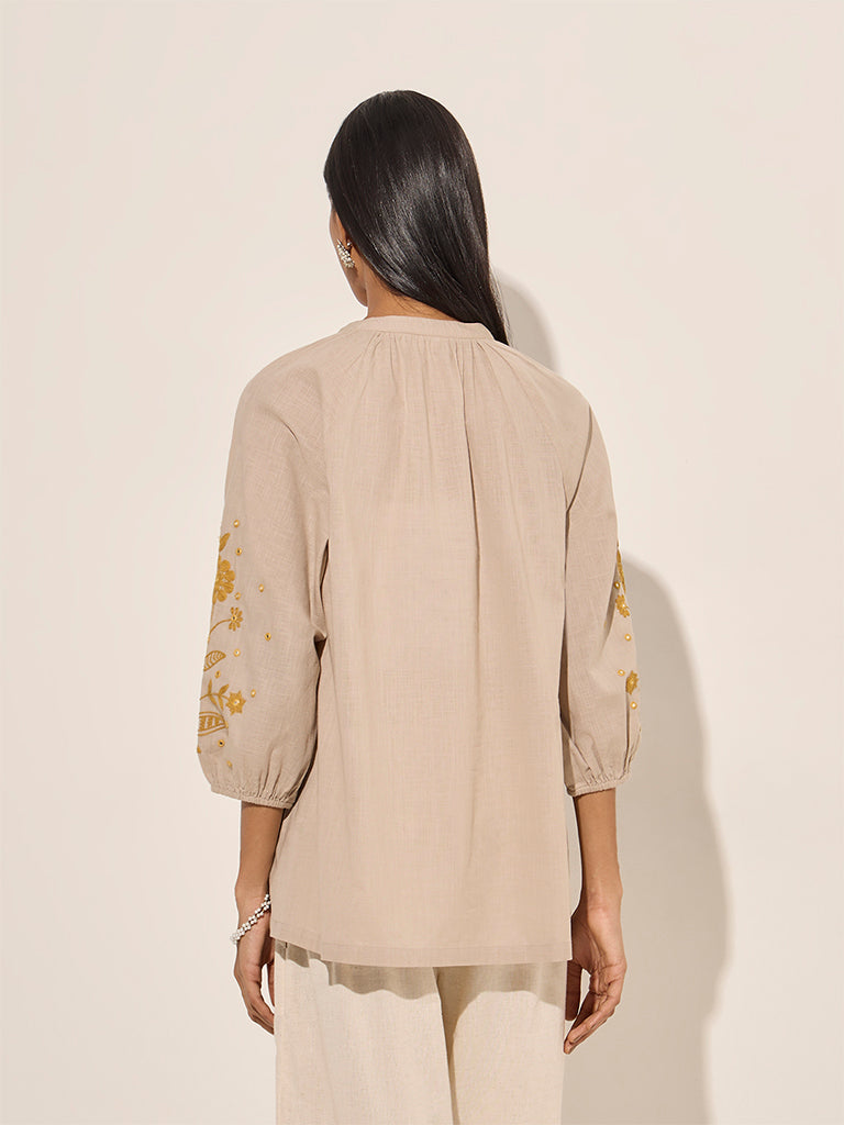 Utsa Beige Floral Embroidered Knot-Detailed Cotton Tunic