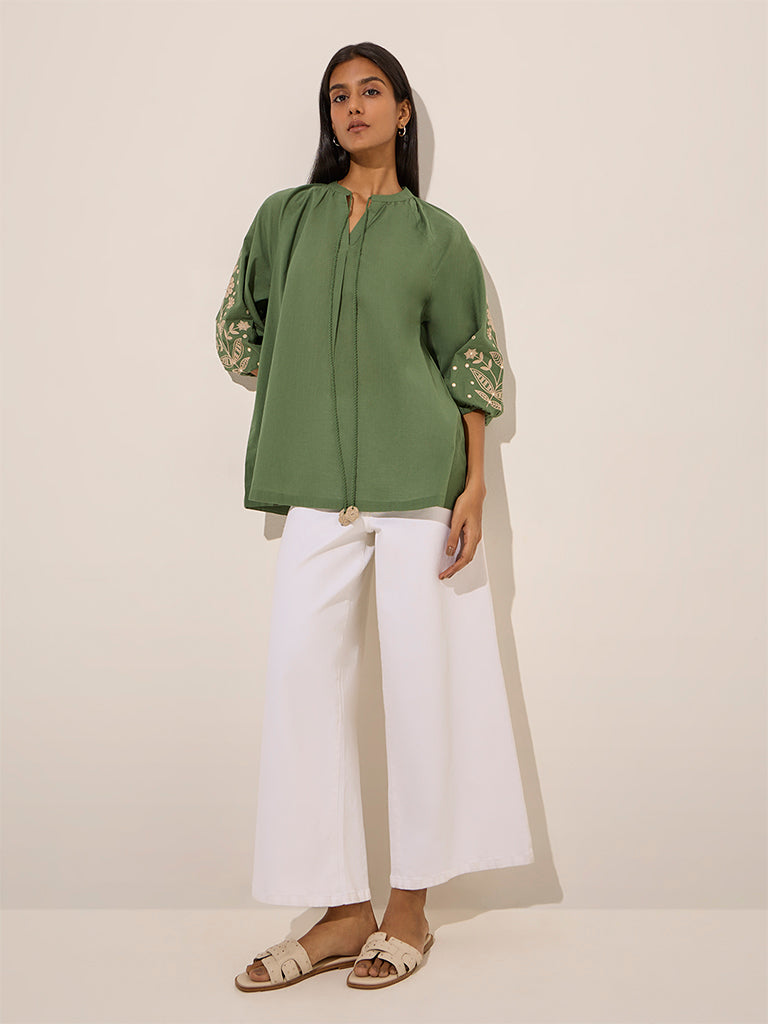 Utsa Green Floral Embroidered Cotton Tunic