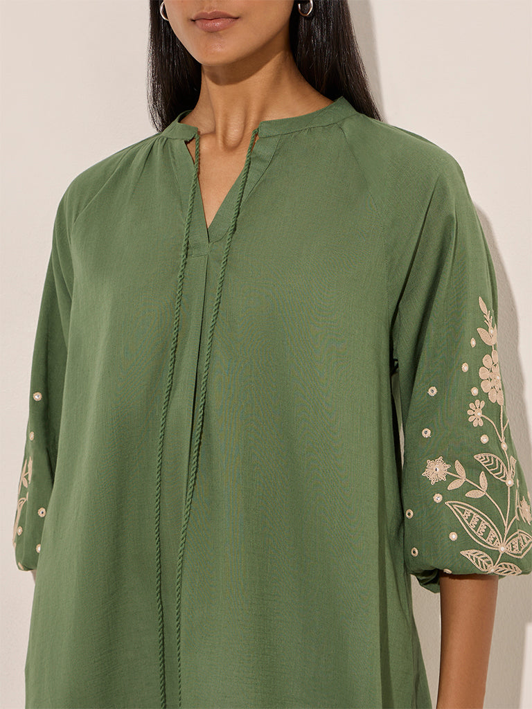 Utsa Green Floral Embroidered Cotton Tunic