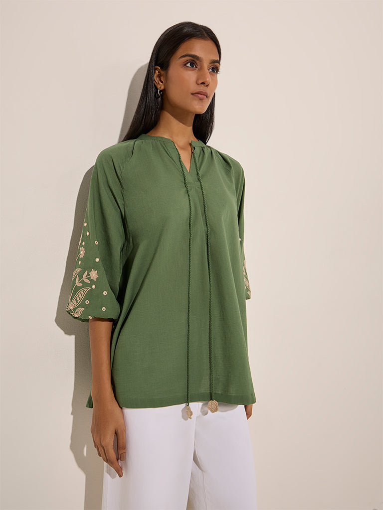 Utsa Green Floral Embroidered Cotton Tunic