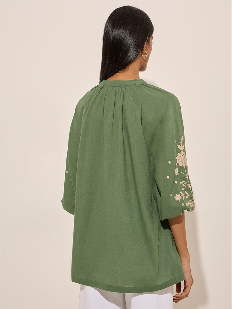 Utsa Green Floral Embroidered Cotton Tunic