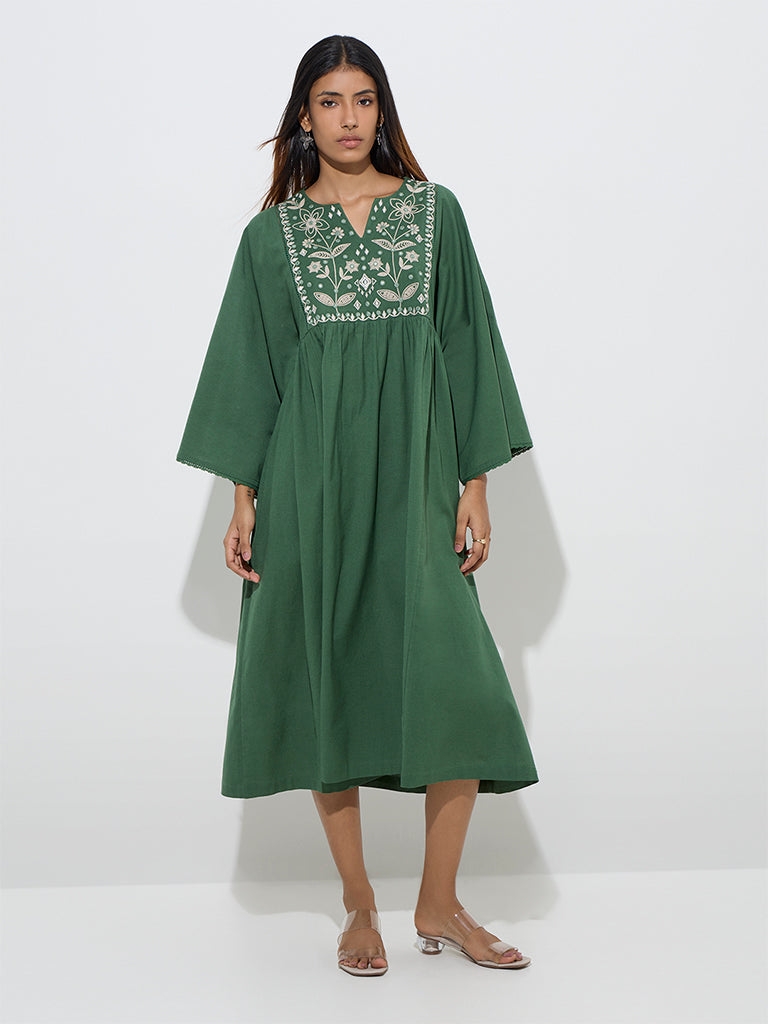 Utsa Green Floral Embroidered Cotton A-Line Dress