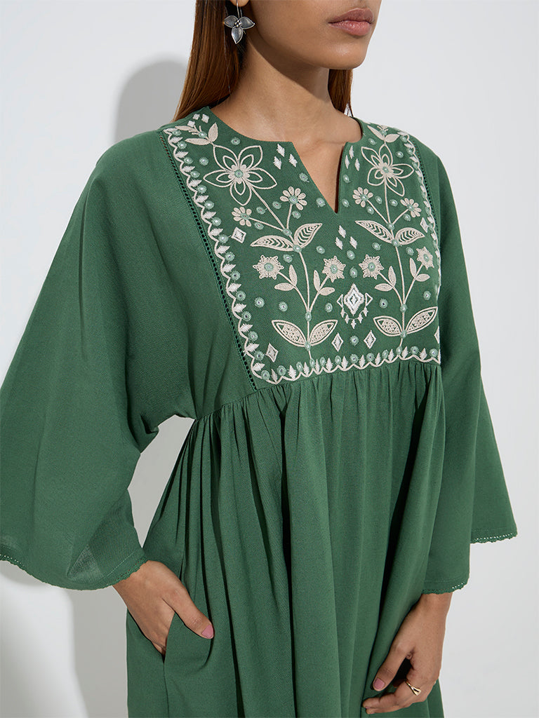 Utsa Green Floral Embroidered Cotton A-Line Dress