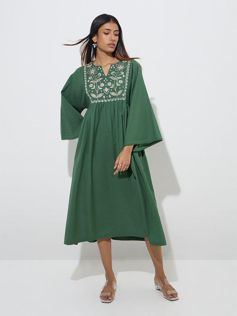 Utsa Green Floral Embroidered Cotton A-Line Dress