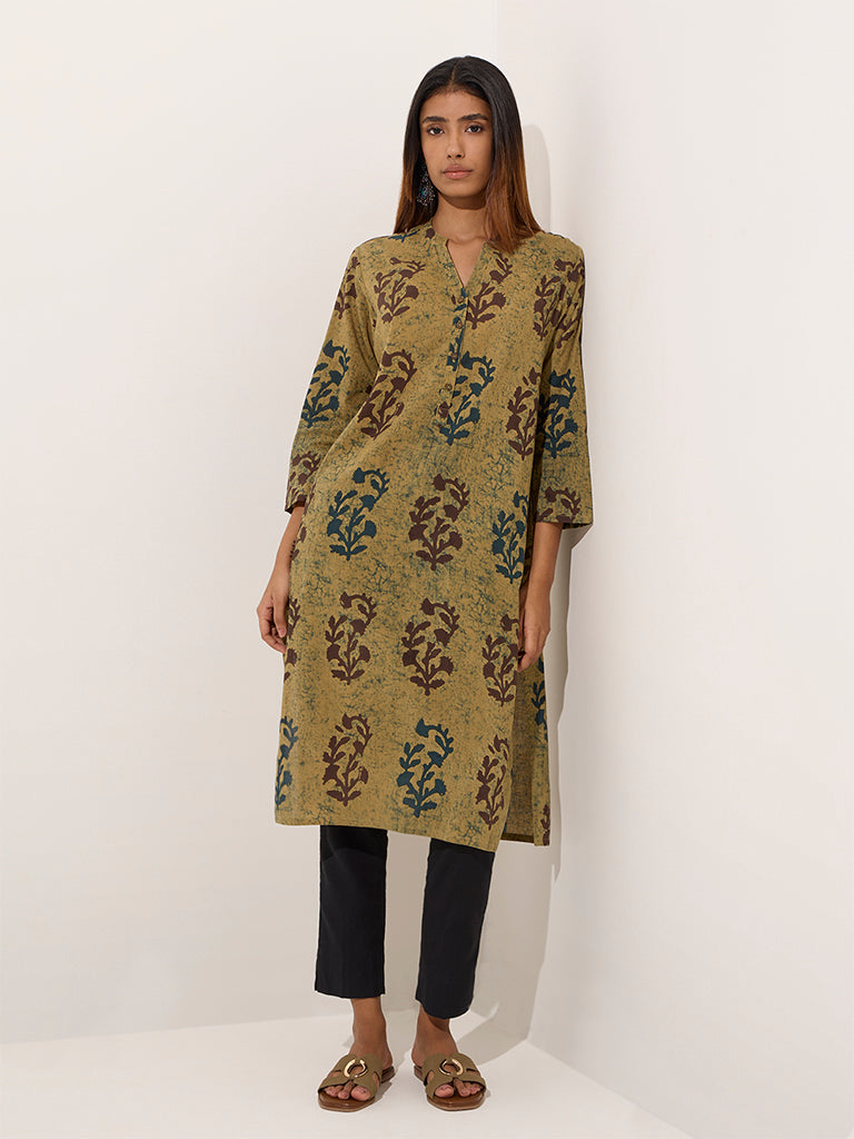 Utsa Green Botanical Printed Cotton Straight Kurta