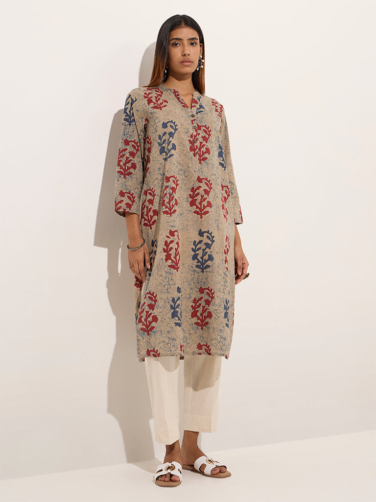 Utsa Indigo Botanical Printed Straight Cotton Kurta