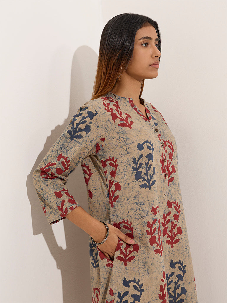 Utsa Indigo Botanical Printed Straight Cotton Kurta