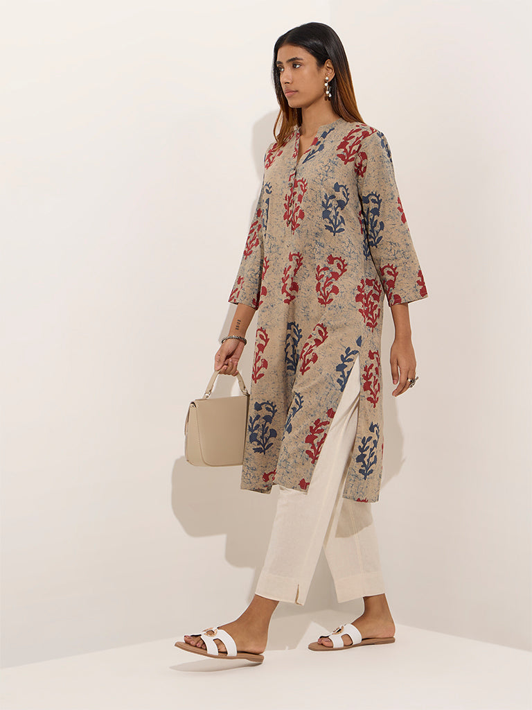 Utsa Indigo Botanical Printed Straight Cotton Kurta