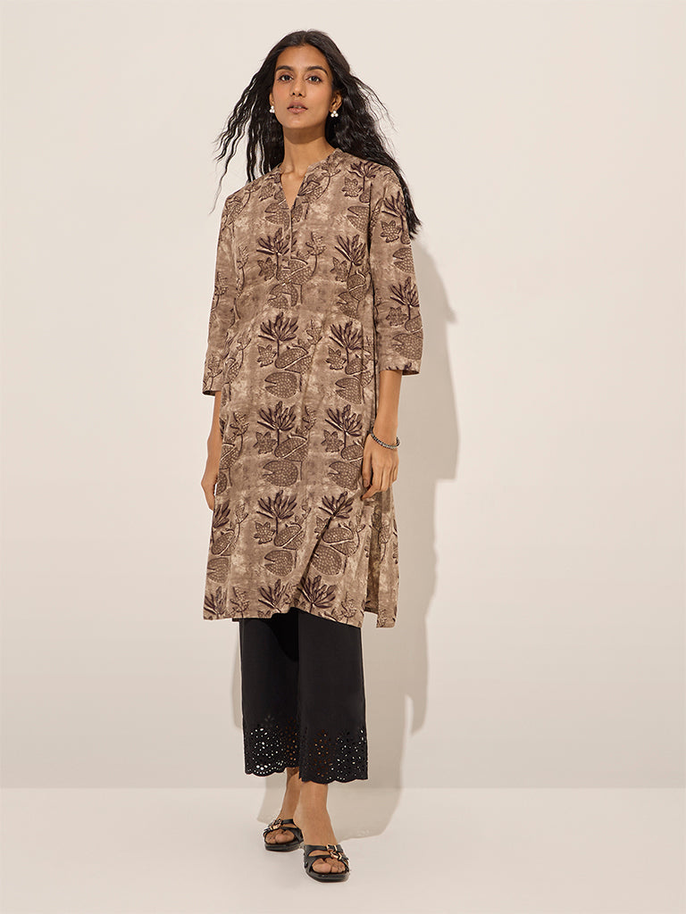 Utsa Brown Lotus Printed Straight Cotton Kurta