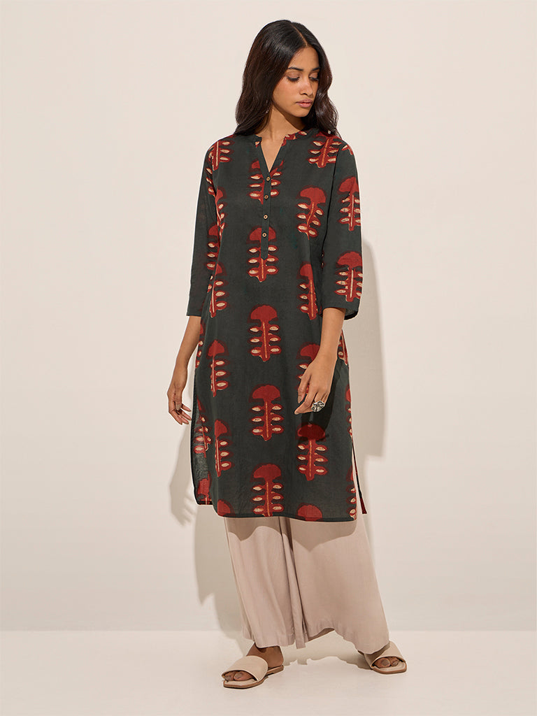 Utsa Dark Green Mushroom Printed Cotton Straight Kurta