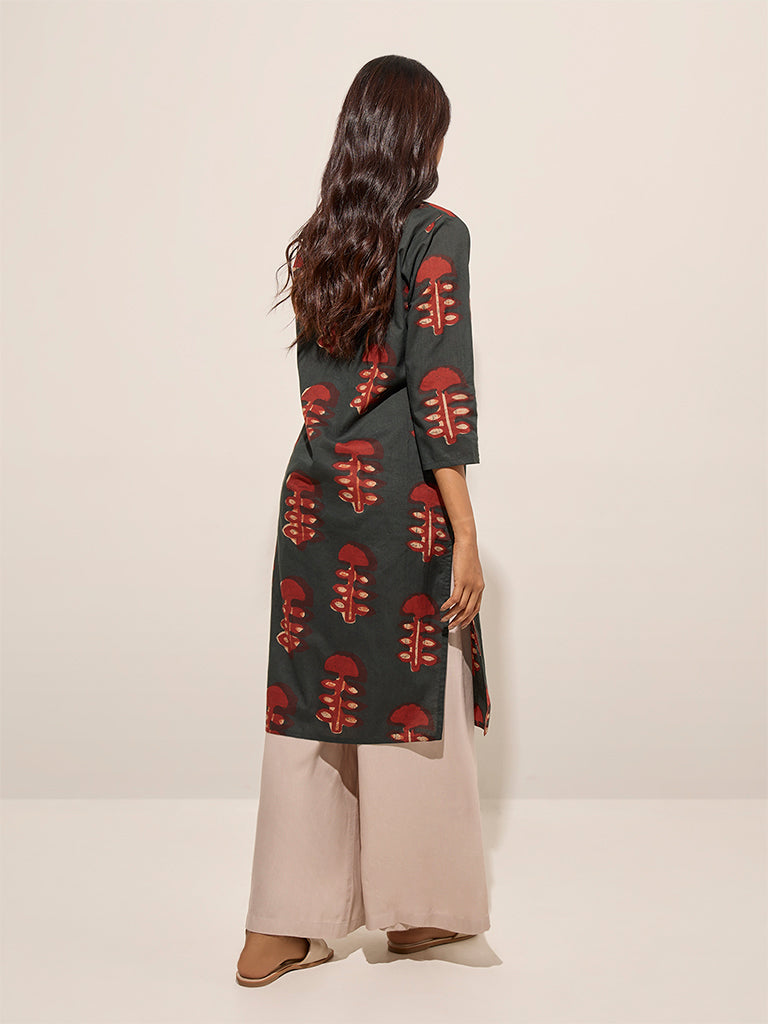 Utsa Dark Green Mushroom Printed Cotton Straight Kurta