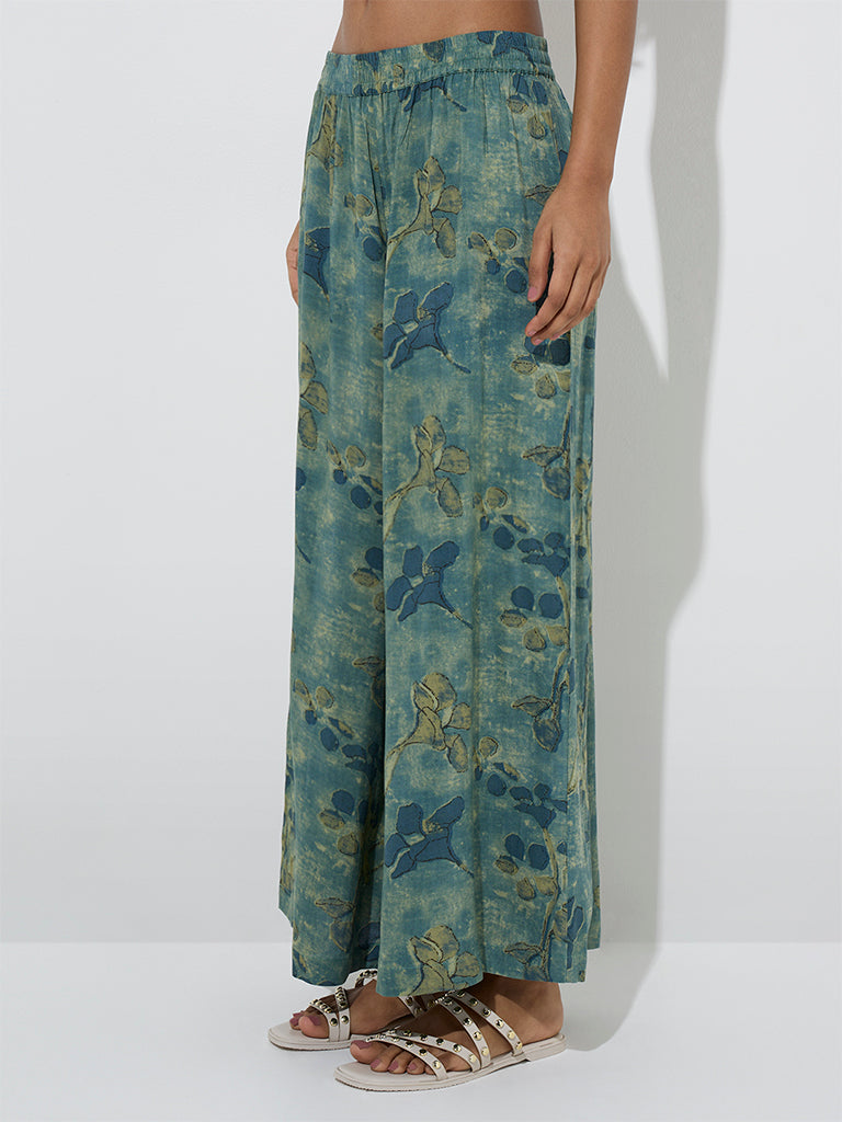 Utsa Teal Botanical Butta Printed Palazzos