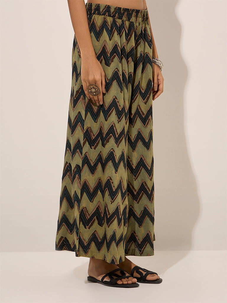 Utsa Green Chevron Printed Palazzos