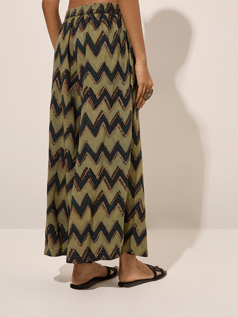 Utsa Green Chevron Printed Palazzos