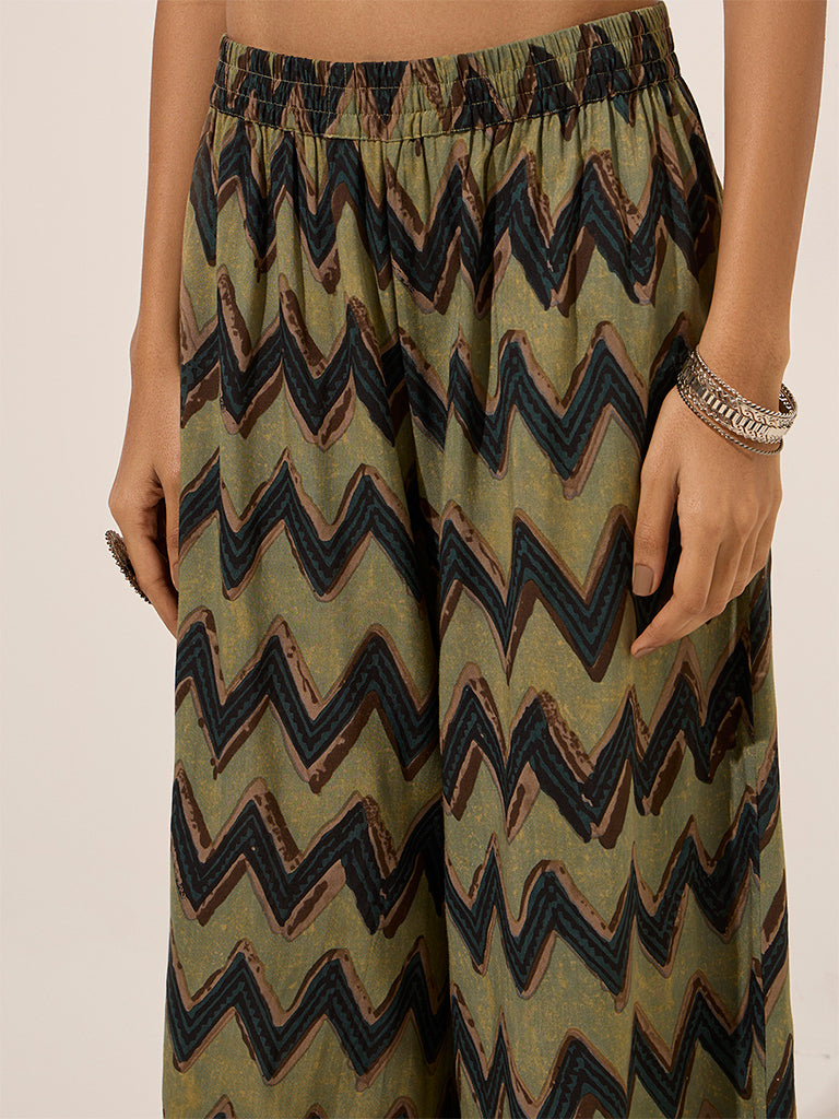 Utsa Green Chevron Printed Palazzos