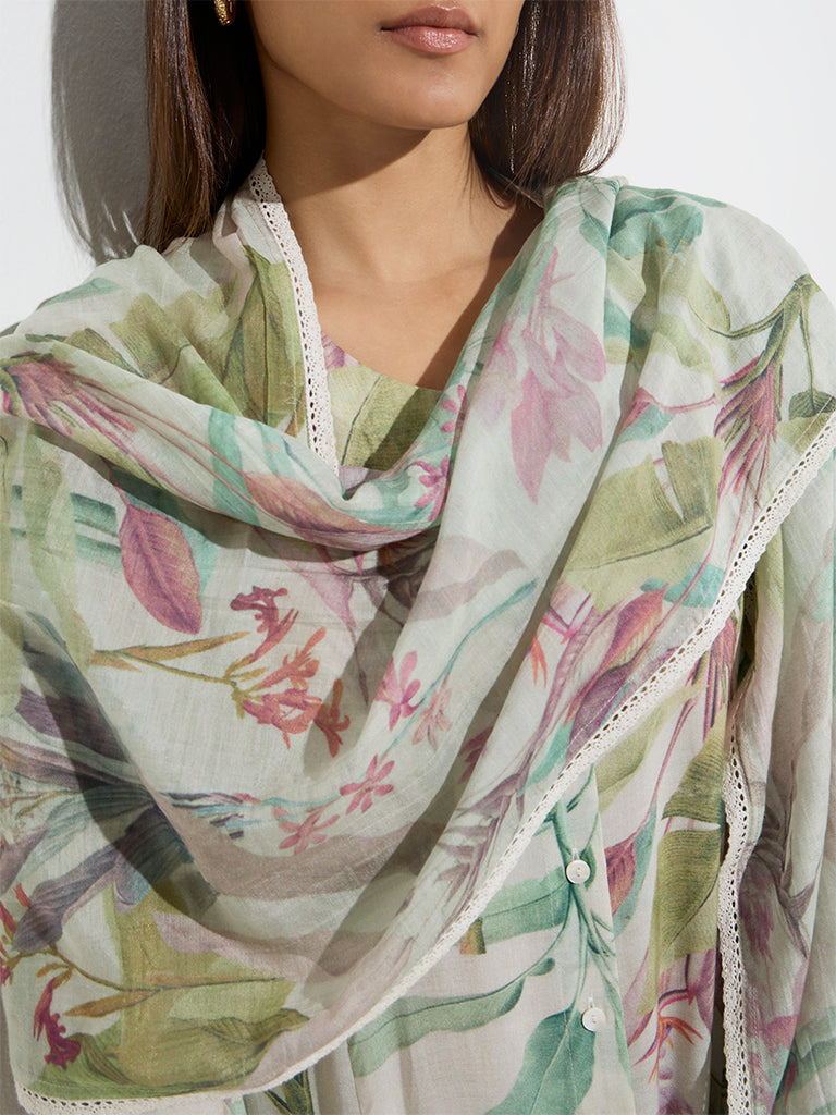 Zuba Green Botanical Print Cotton-Blend Stole