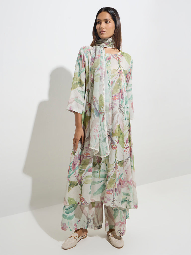 Zuba Green Botanical Print Cotton-Blend Stole