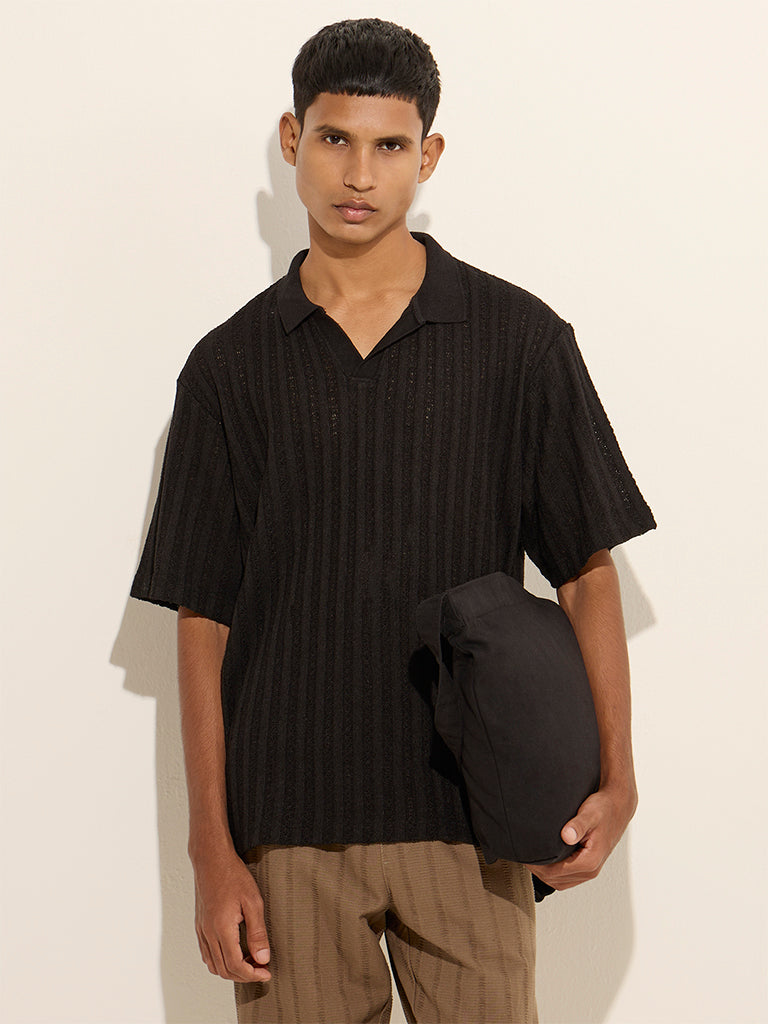 ETA Black Knit-Textured Relaxed-Fit Polo T-Shirt