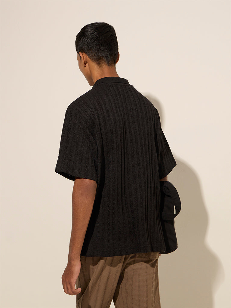 ETA Black Knit-Textured Relaxed-Fit Polo T-Shirt