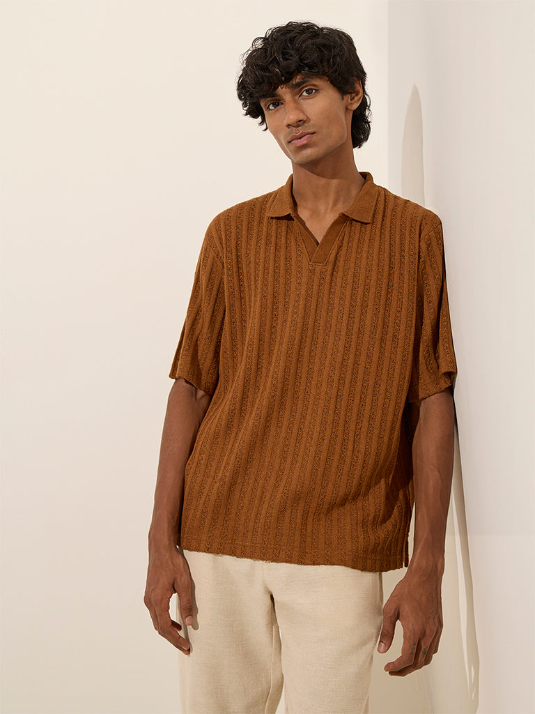 ETA Brown Textured Relaxed-Fit Cotton Polo T-Shirt