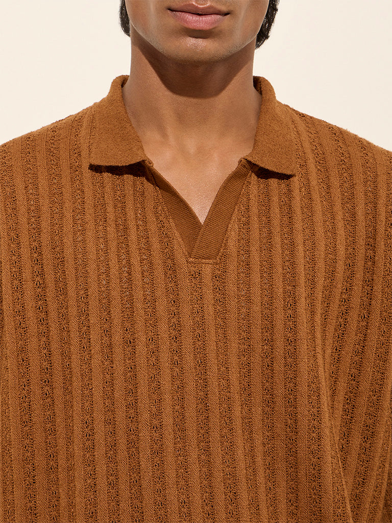 ETA Brown Textured Relaxed-Fit Cotton Polo T-Shirt