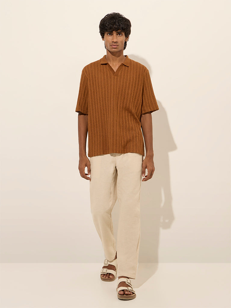 ETA Brown Textured Relaxed-Fit Cotton Polo T-Shirt