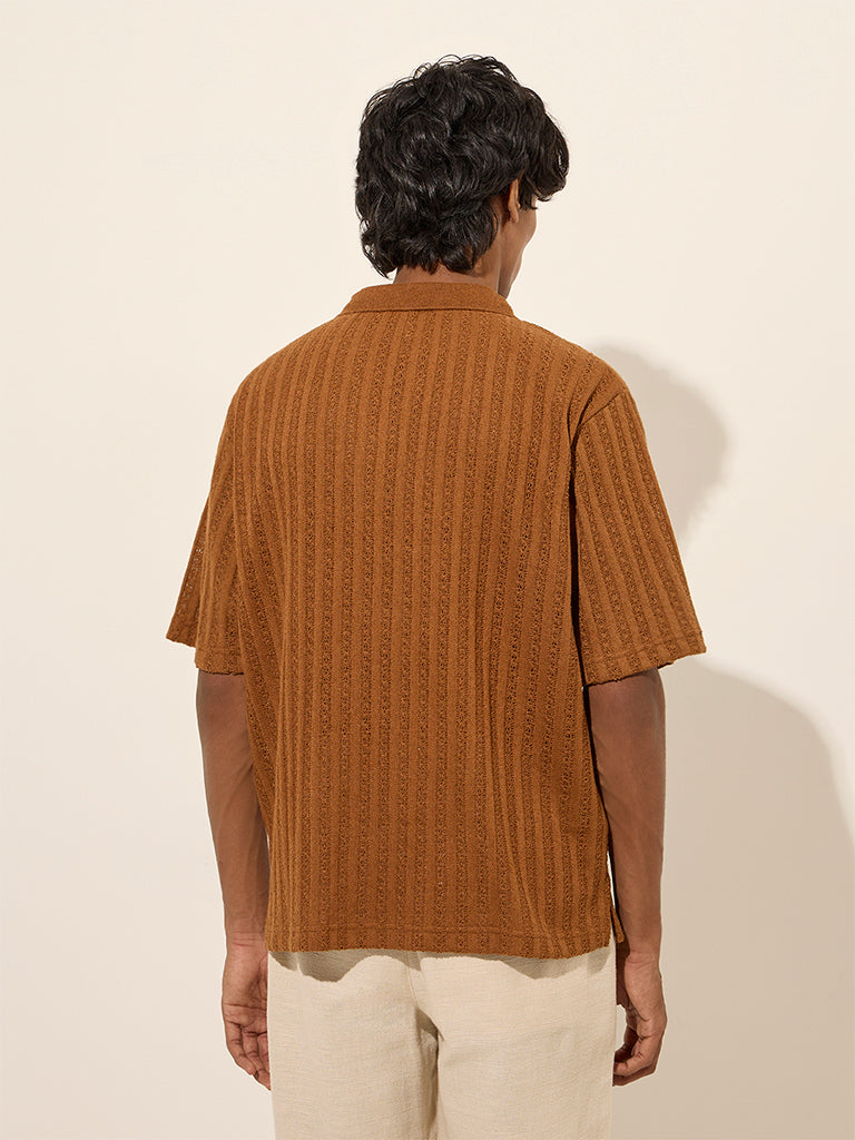 ETA Brown Textured Relaxed-Fit Cotton Polo T-Shirt