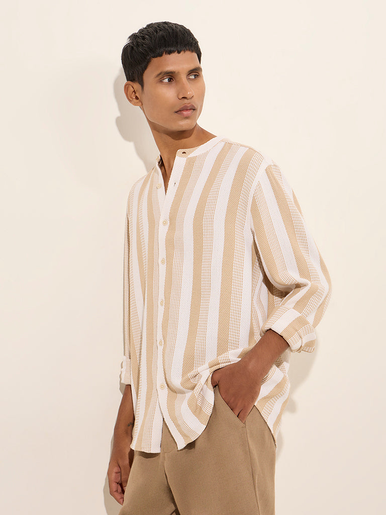 ETA Beige Stripe Printed Relaxed-Fit Cotton Shirt