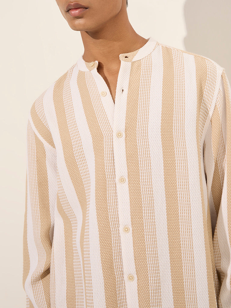 ETA Beige Stripe Printed Relaxed-Fit Cotton Shirt