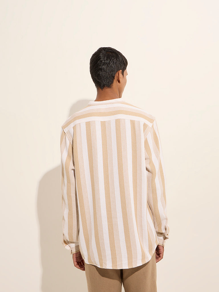 ETA Beige Stripe Printed Relaxed-Fit Cotton Shirt