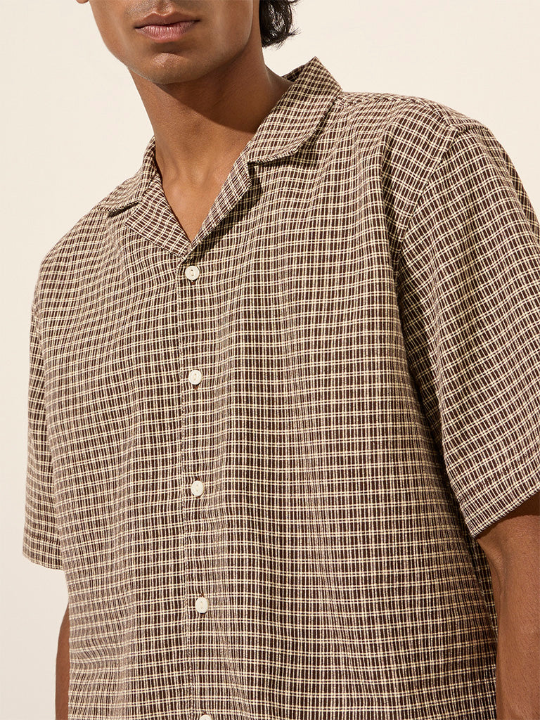 ETA Brown Checkered Relaxed-Fit Cotton Shirt