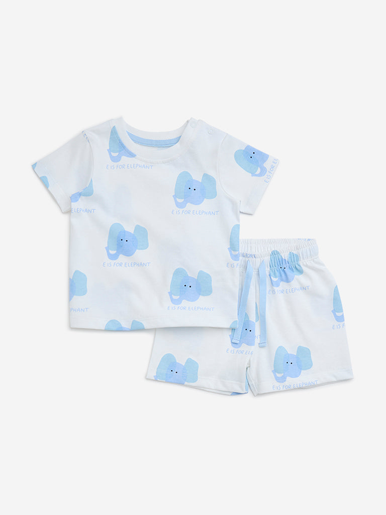 HOP Baby White Animal Printed Cotton T-Shirt and Shorts Set