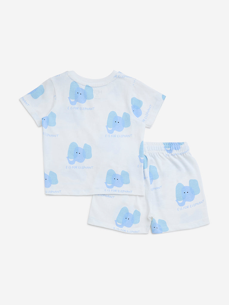 HOP Baby White Animal Printed Cotton T-Shirt and Shorts Set