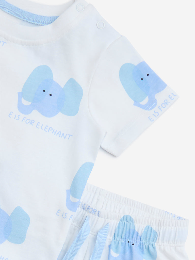 HOP Baby White Animal Printed Cotton T-Shirt and Shorts Set